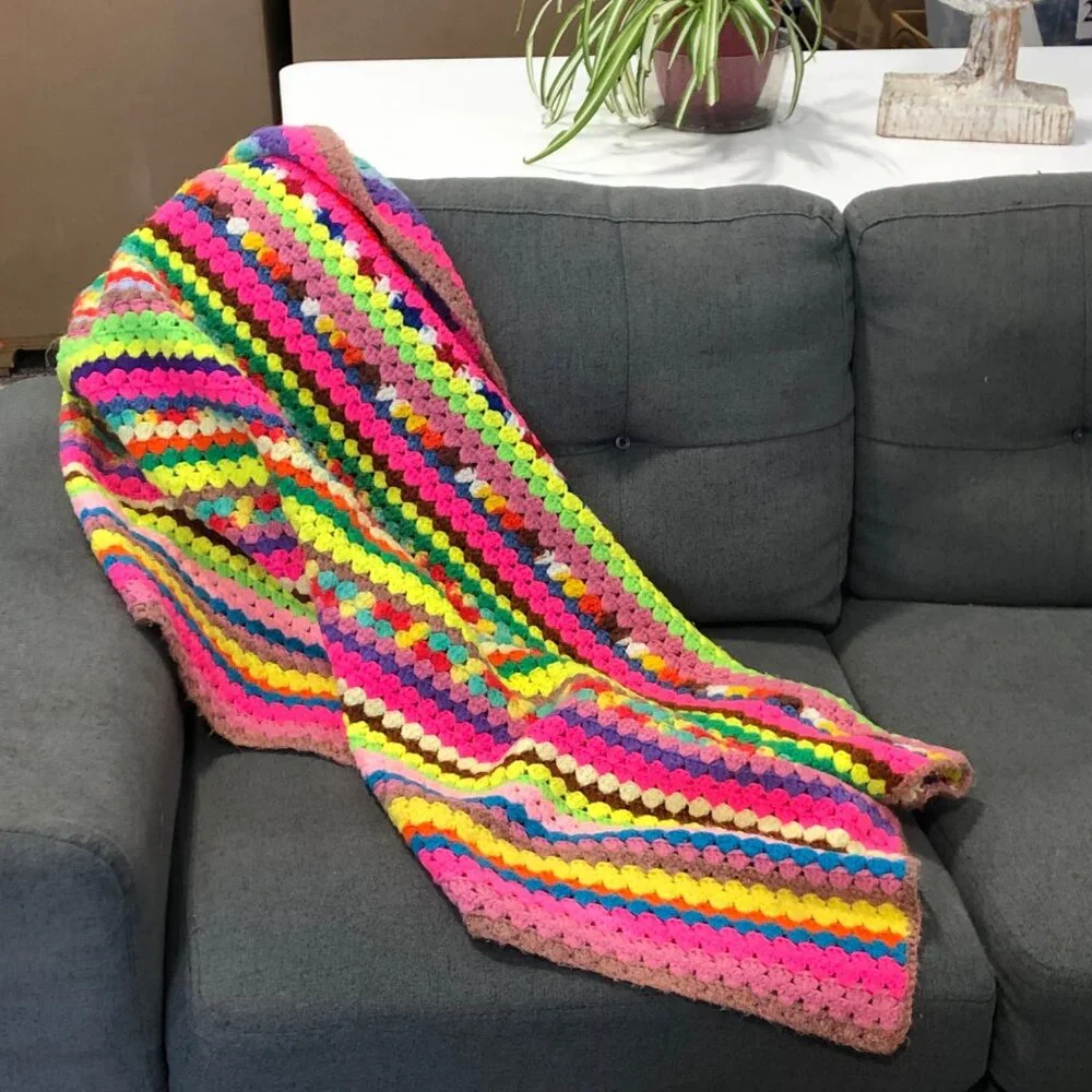 Colorful Handmade Crochet Blanket Throw Retro 48x38